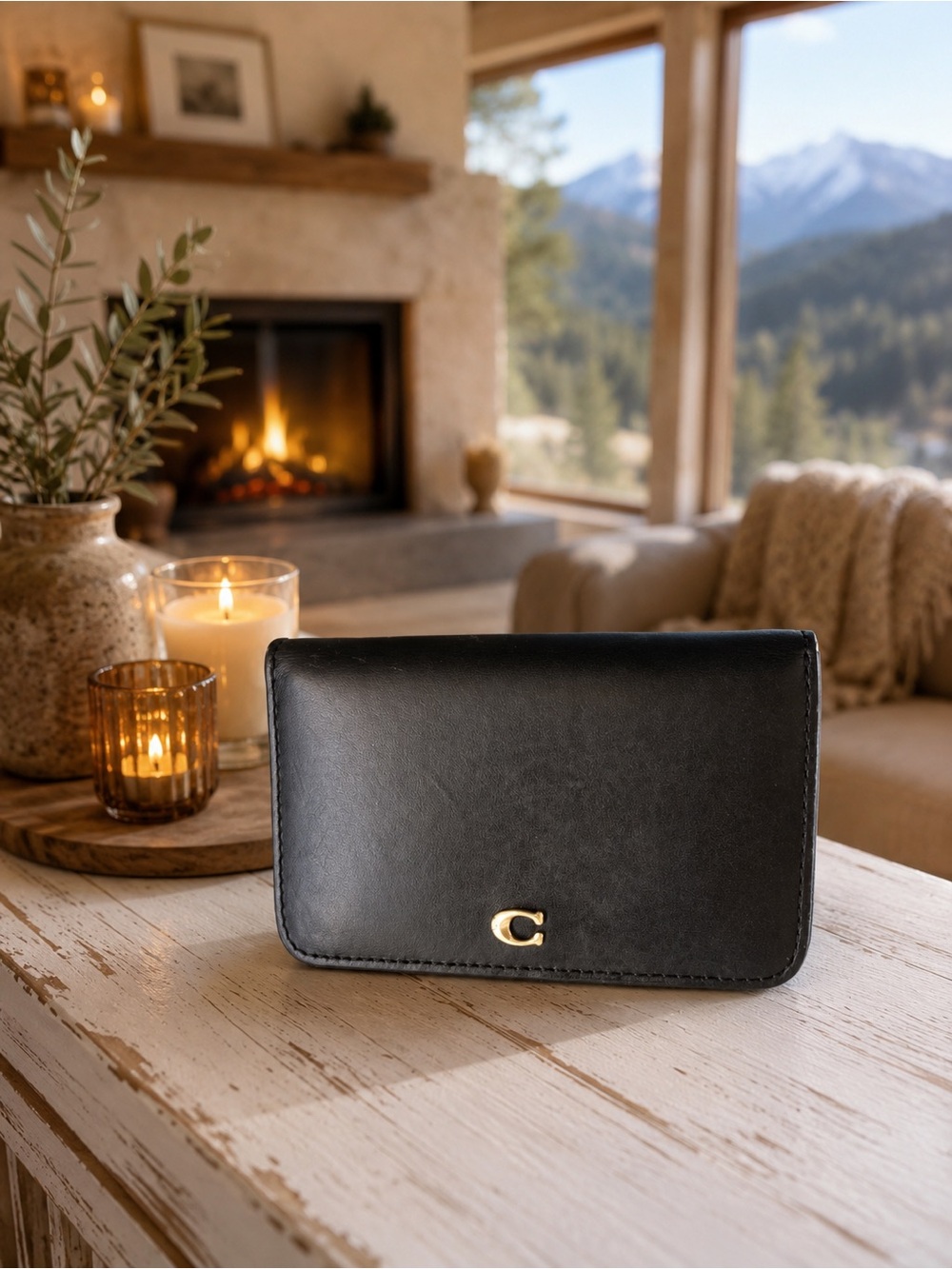 Coach Black Leather Compact Wallet with Gold C Logo